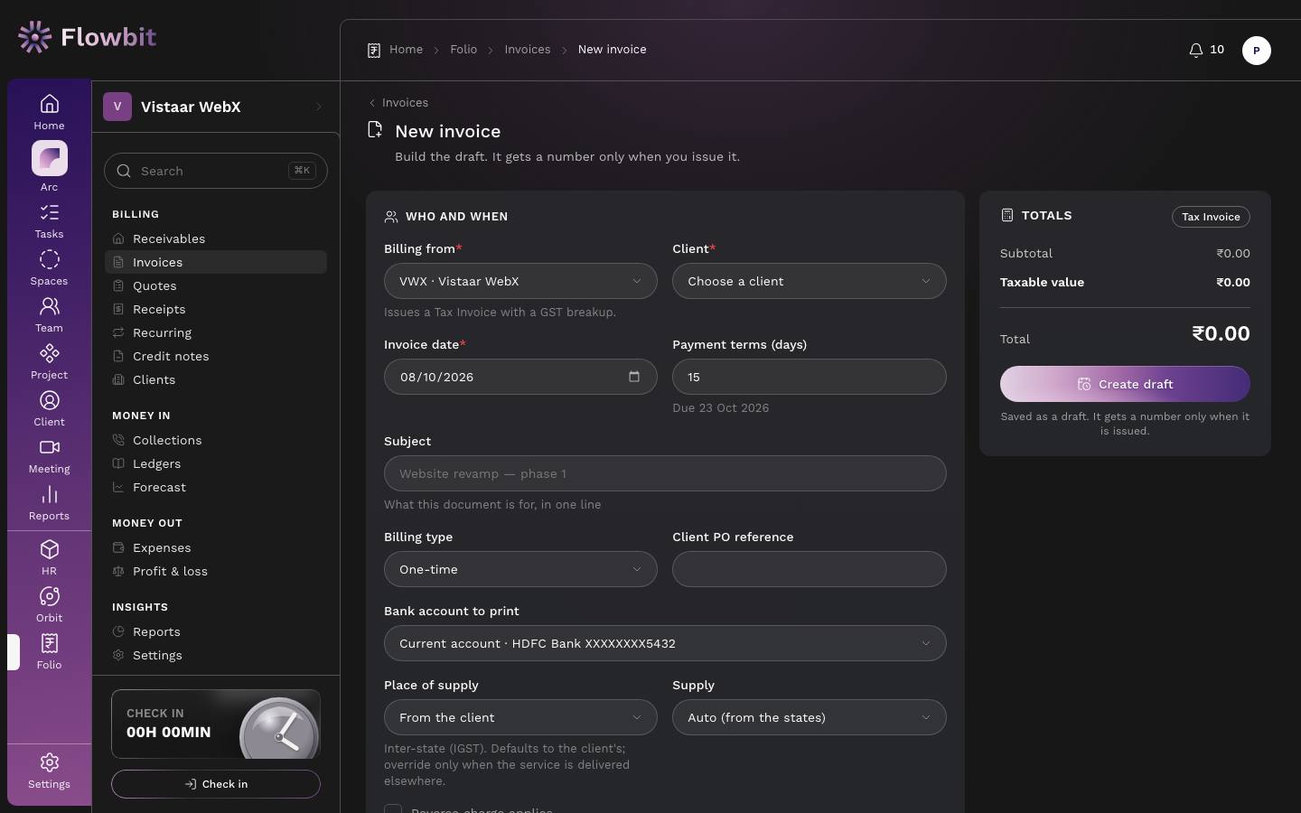 New invoice builder with the Who and when card on the left and a Totals panel with Create draft on the right