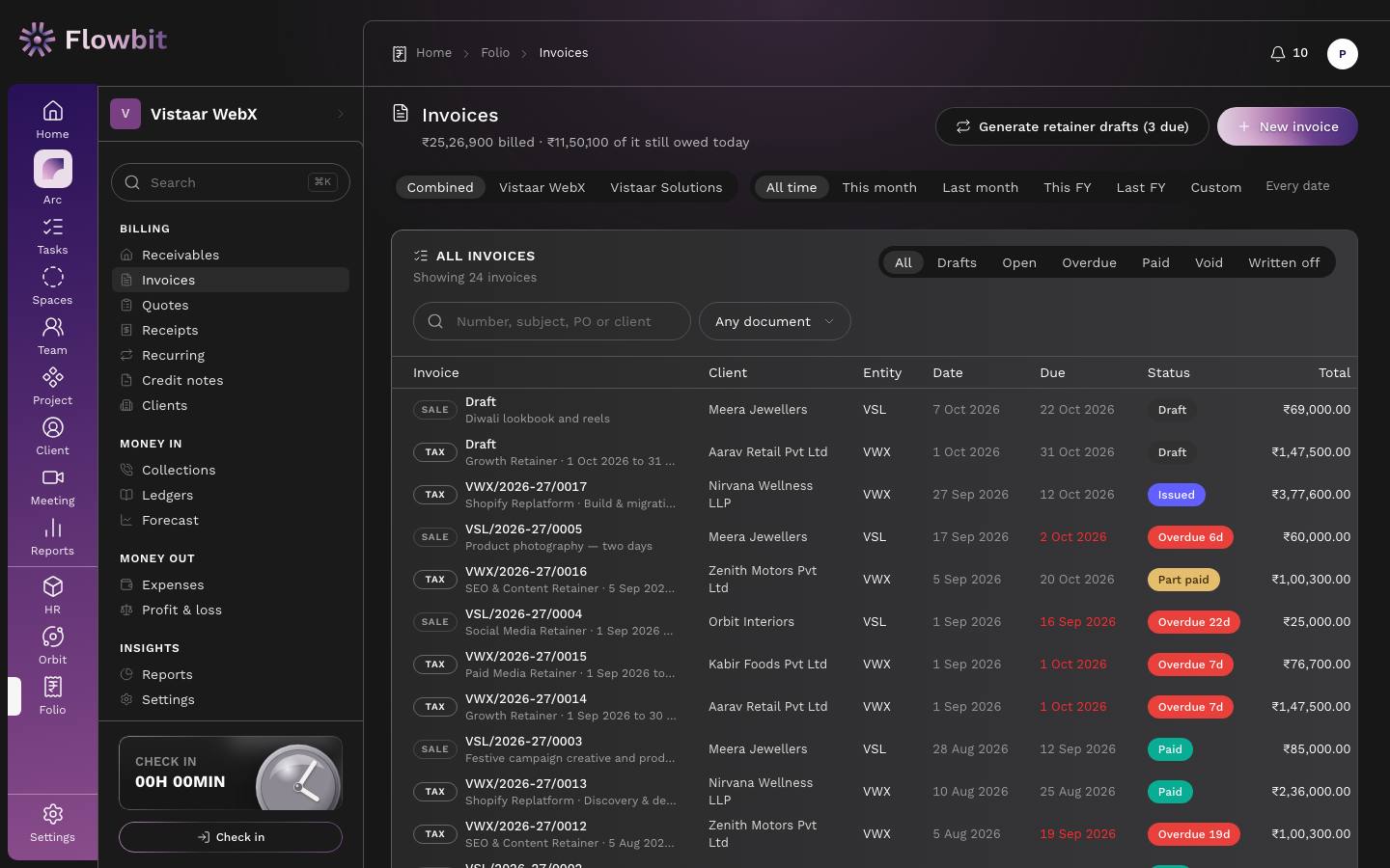 Invoices list with firm and period switches, status tabs and rows showing document badge, number, client, firm, dates, status, total and balance