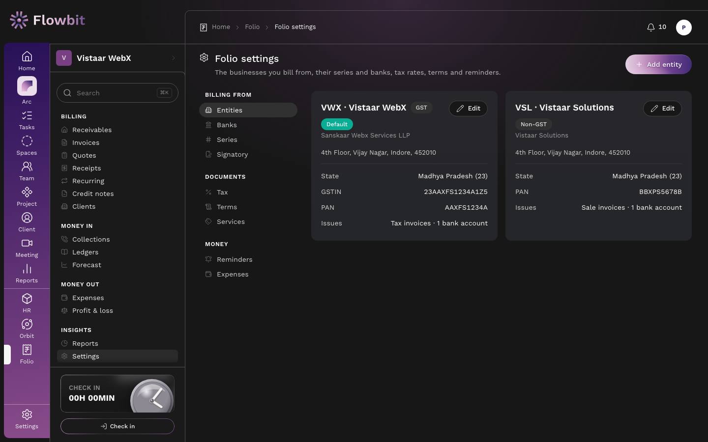 Folio settings on the Firms tab showing a GST firm marked Default and a non-GST firm, with a side menu of settings tabs