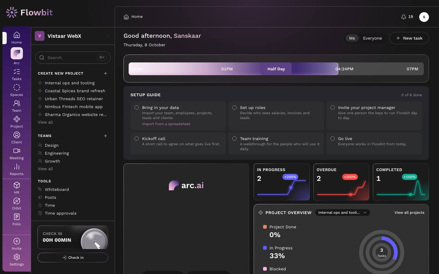 Home dashboard with greeting, workday timeline, setup guide, stat cards for In progress, Overdue and Completed, and project overview