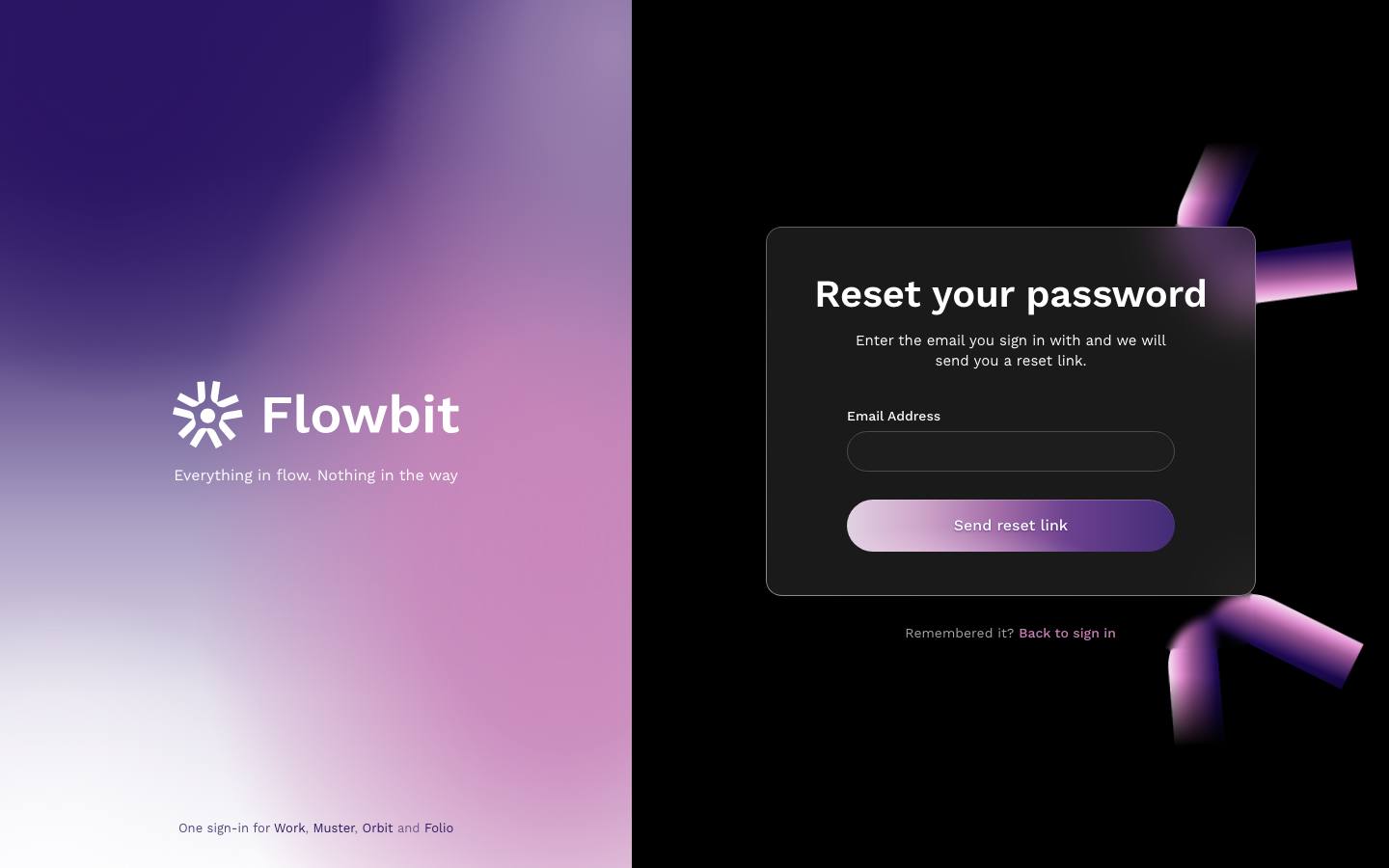 Reset your password card with an Email Address field and Send reset link button