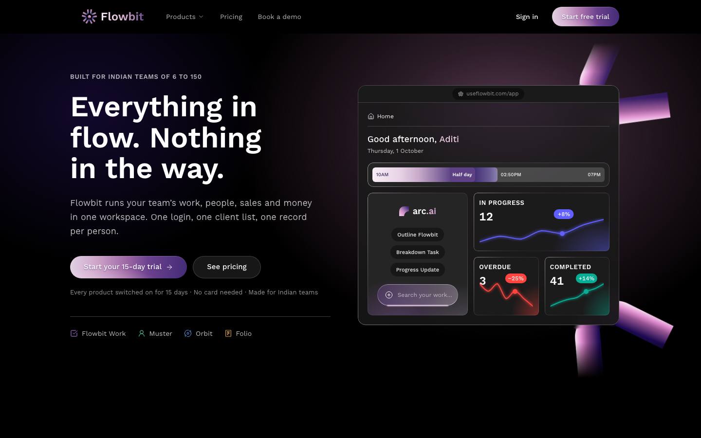 Flowbit home page with the headline Everything in flow. Nothing in the way, Start your 15-day trial and See pricing buttons, and a preview of the Home dashboard