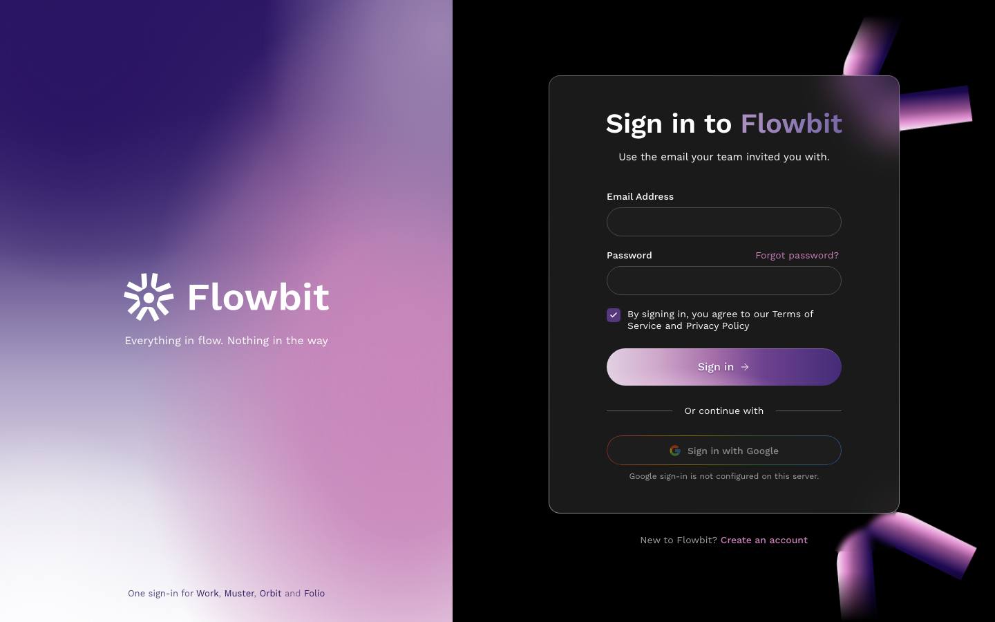 Sign in to Flowbit card with Email Address and Password fields, Forgot password link, terms checkbox, Sign in button and Sign in with Google