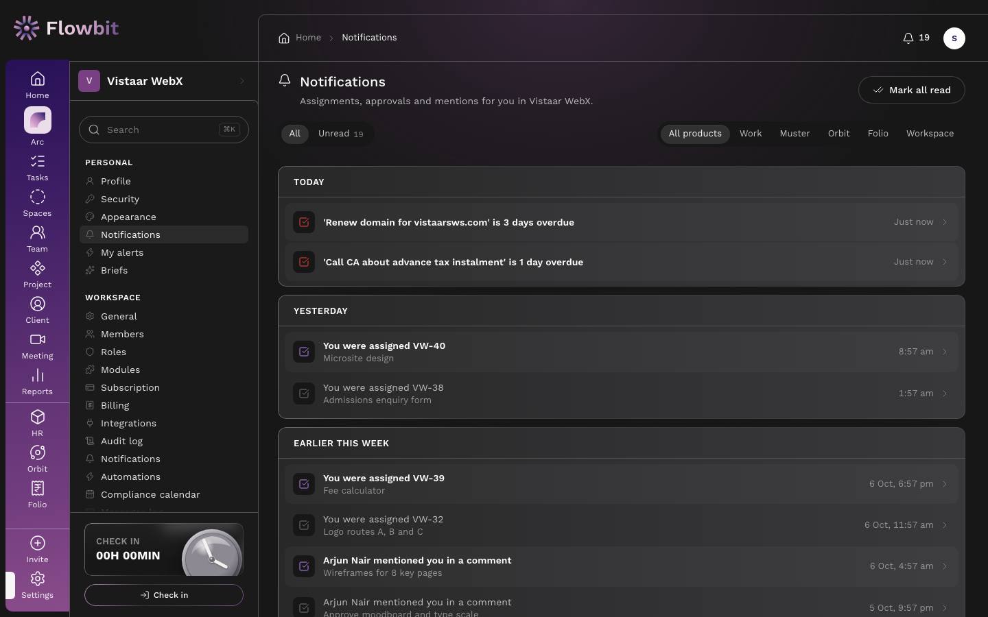 Notifications page grouped into Today, Yesterday and Earlier this week, with All and Unread tabs and product filters