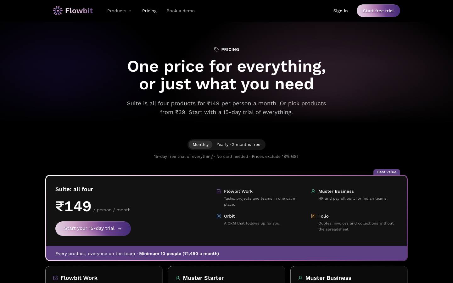 Pricing page showing the Monthly and Yearly switch and the Suite plan at ₹149 per person per month with all four products