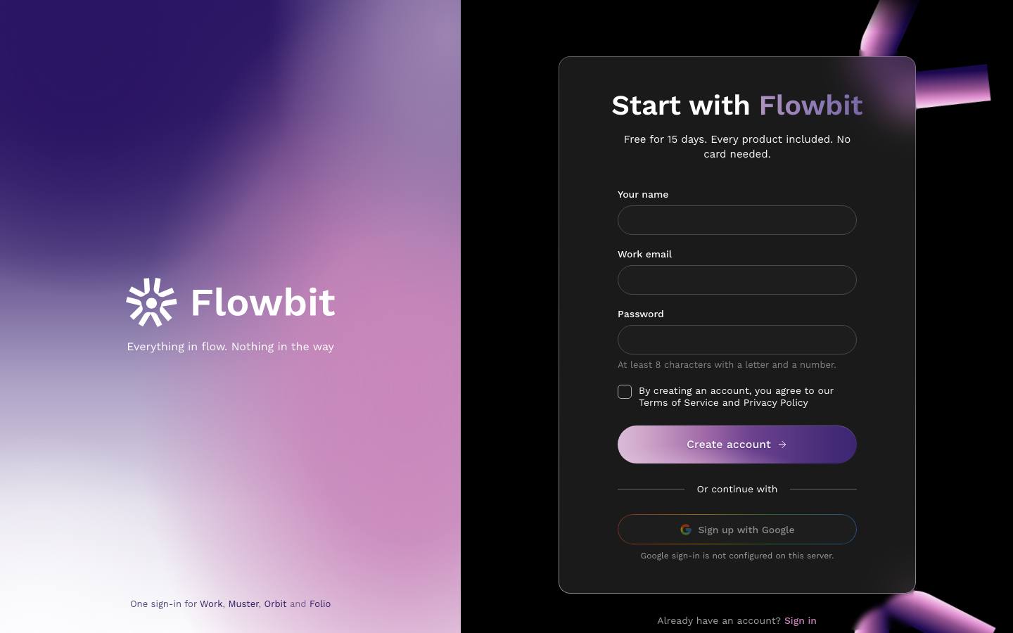 Start with Flowbit sign-up form with Your name, Work email and Password fields, a terms checkbox, Create account button and Sign up with Google