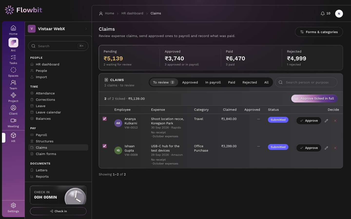 Claims page with Pending, Approved, Paid and Rejected tiles, tabs from To review to All, and two submitted claims with Approve, reduce and reject buttons