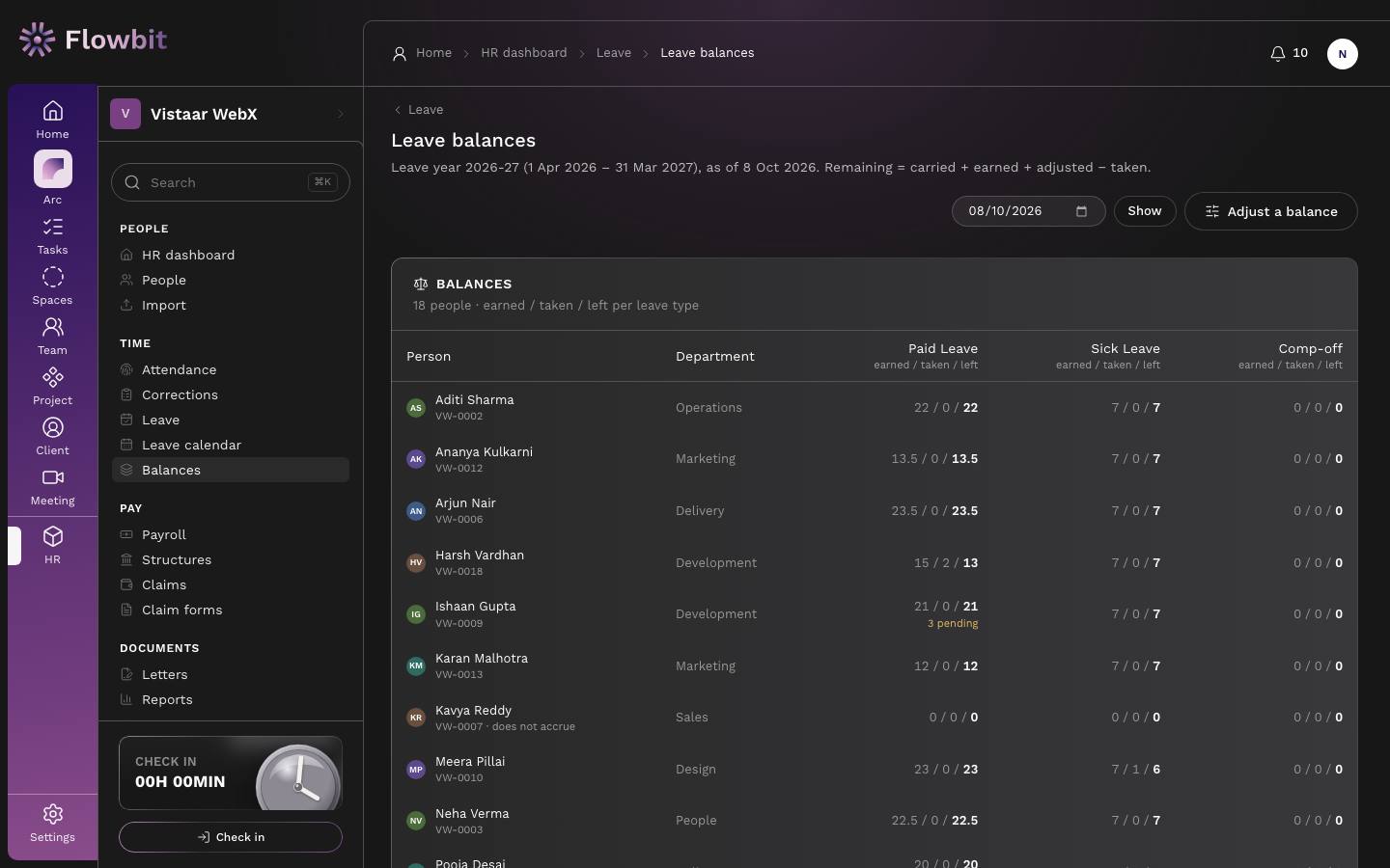 Leave balances table for leave year 2026-27 with Person, Department, and earned / taken / left columns for Paid Leave, Sick Leave and Comp-off, an As of date box, Show and Adjust a balance buttons