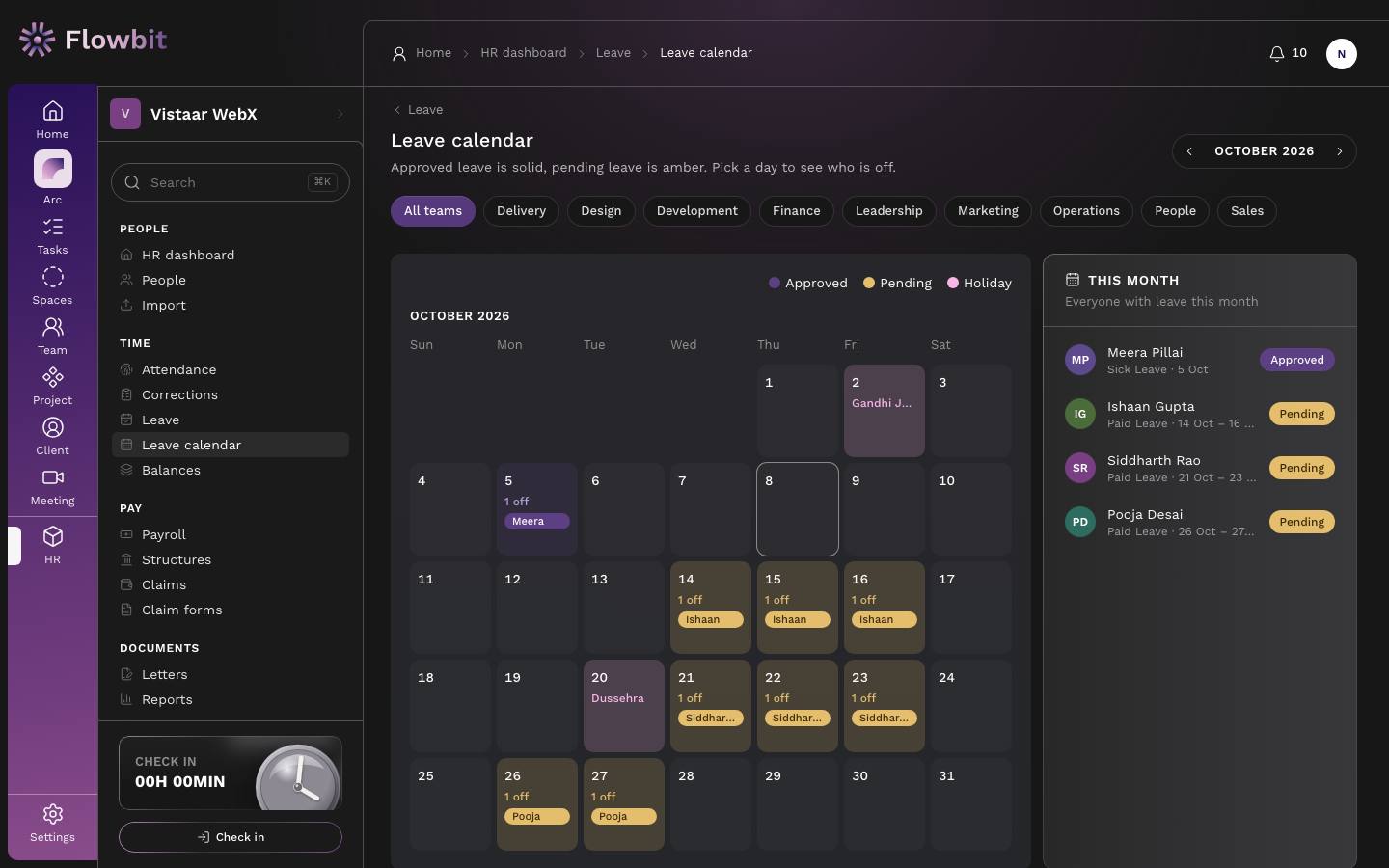 Leave calendar for October 2026 with Gandhi Jayanti and Dussehra shaded as holidays, Meera's approved leave on the 5th, pending leave for Ishaan, Siddharth and Pooja in amber, and a This month list on the right