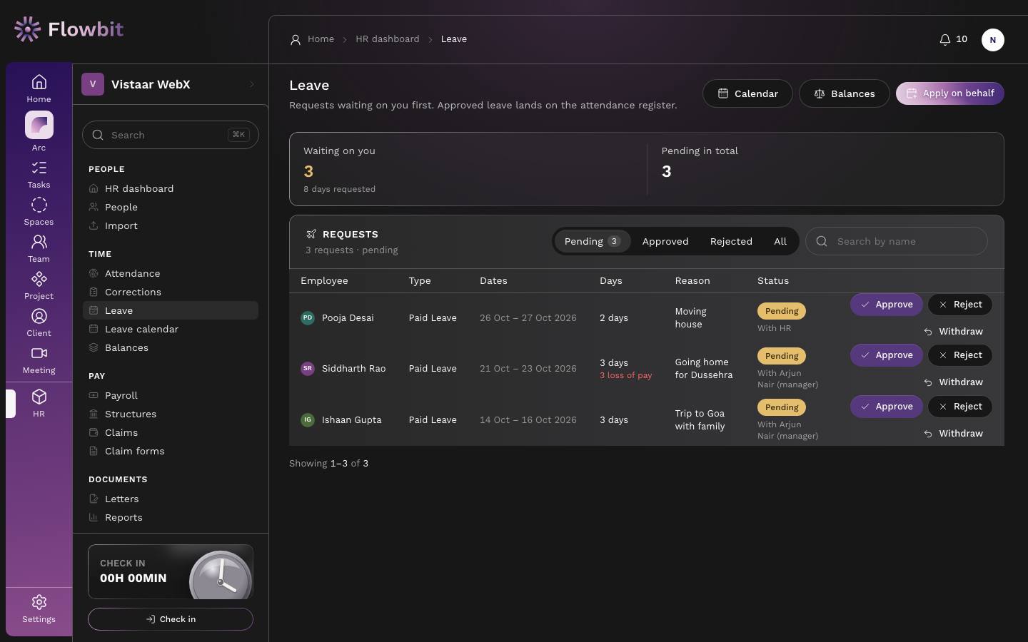 Leave page with Calendar, Balances and Apply on behalf buttons, Waiting on you 3 and Pending in total 3 tiles, and a table of three pending Paid Leave requests with Approve, Reject and Withdraw