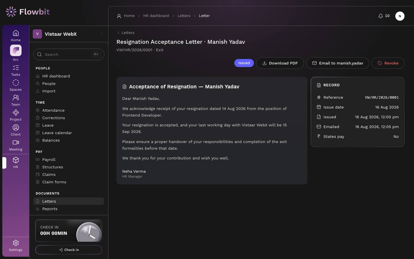 Issued Resignation Acceptance Letter for Manish Yadav with Download PDF, Email and Revoke buttons, the letter text, and a Record card with reference, issue date, issued, emailed and states pay
