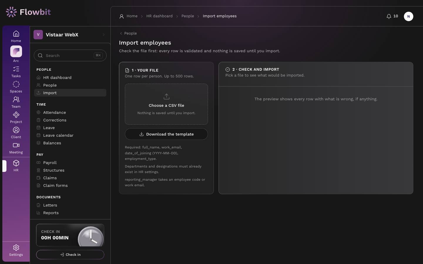 Import employees page with step 1 Your file, a Choose a CSV file drop area and Download the template button, and step 2 Check and import, still empty