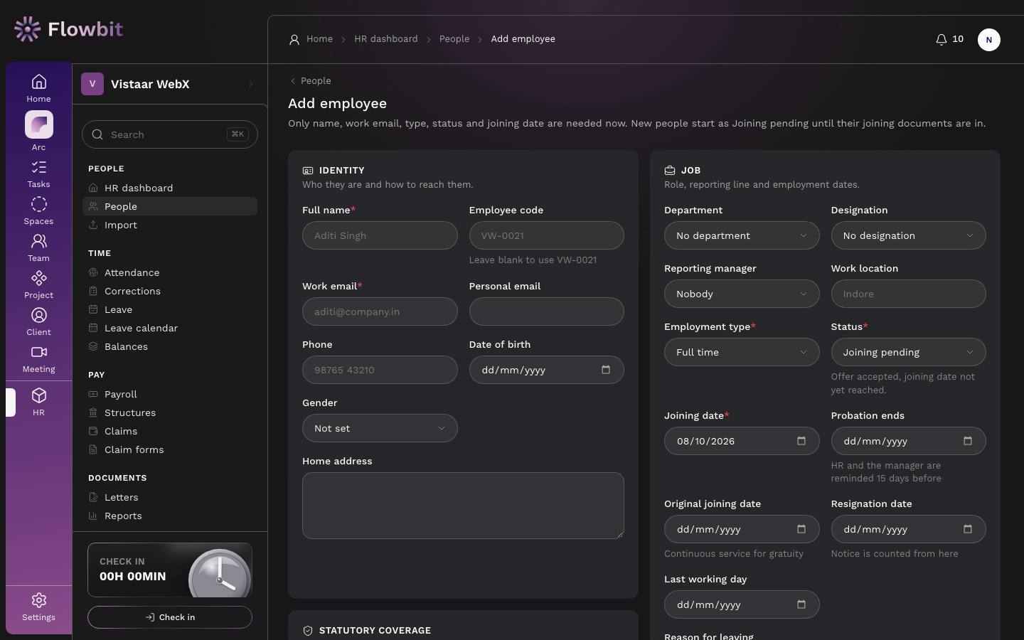 Add employee form with an Identity section on the left and a Job section on the right, Status set to Joining pending and the joining date prefilled