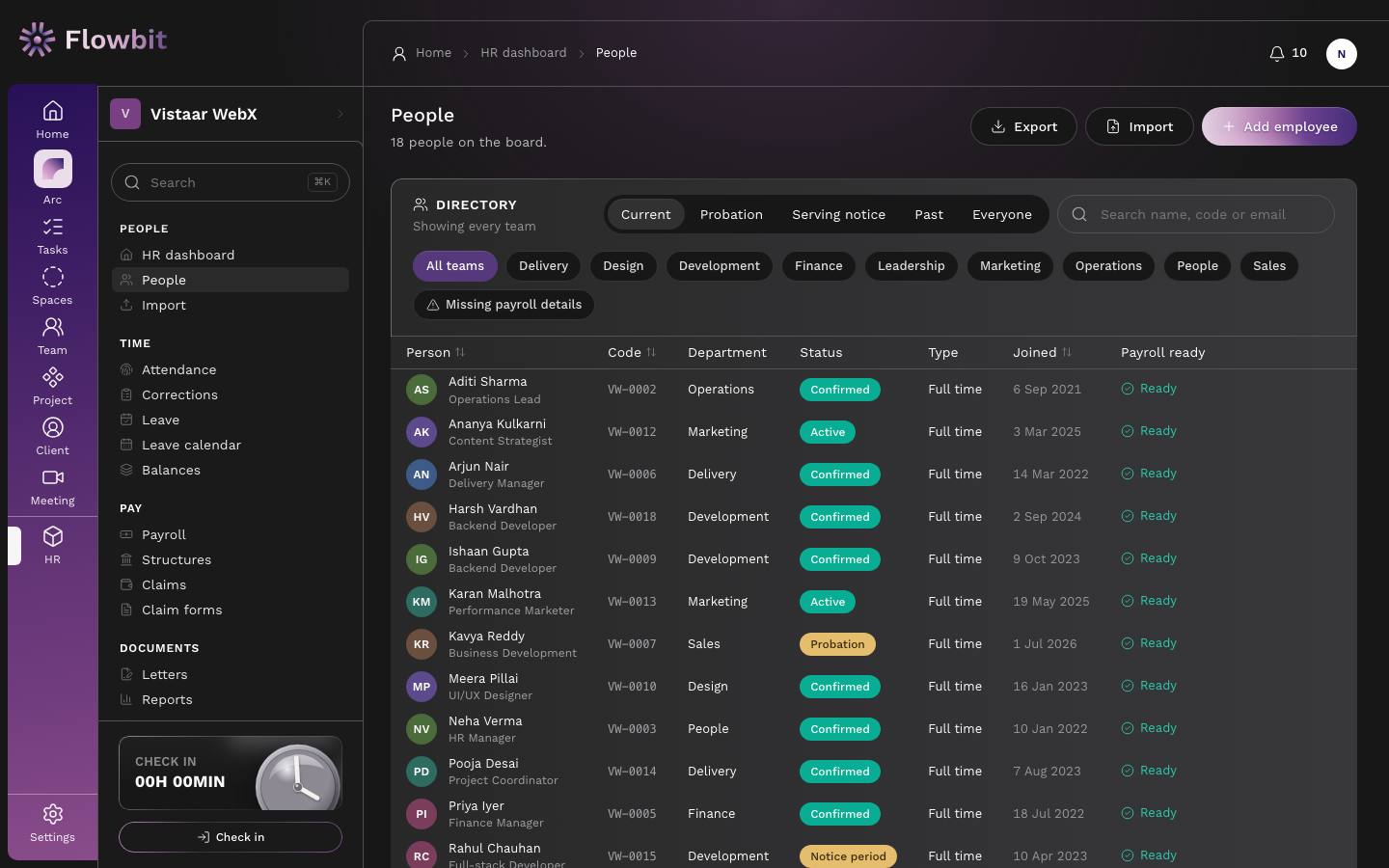 People directory with status tabs Current, Probation, Serving notice, Past and Everyone, team filter chips, a search box and a table of employees with status badges and a Payroll ready column