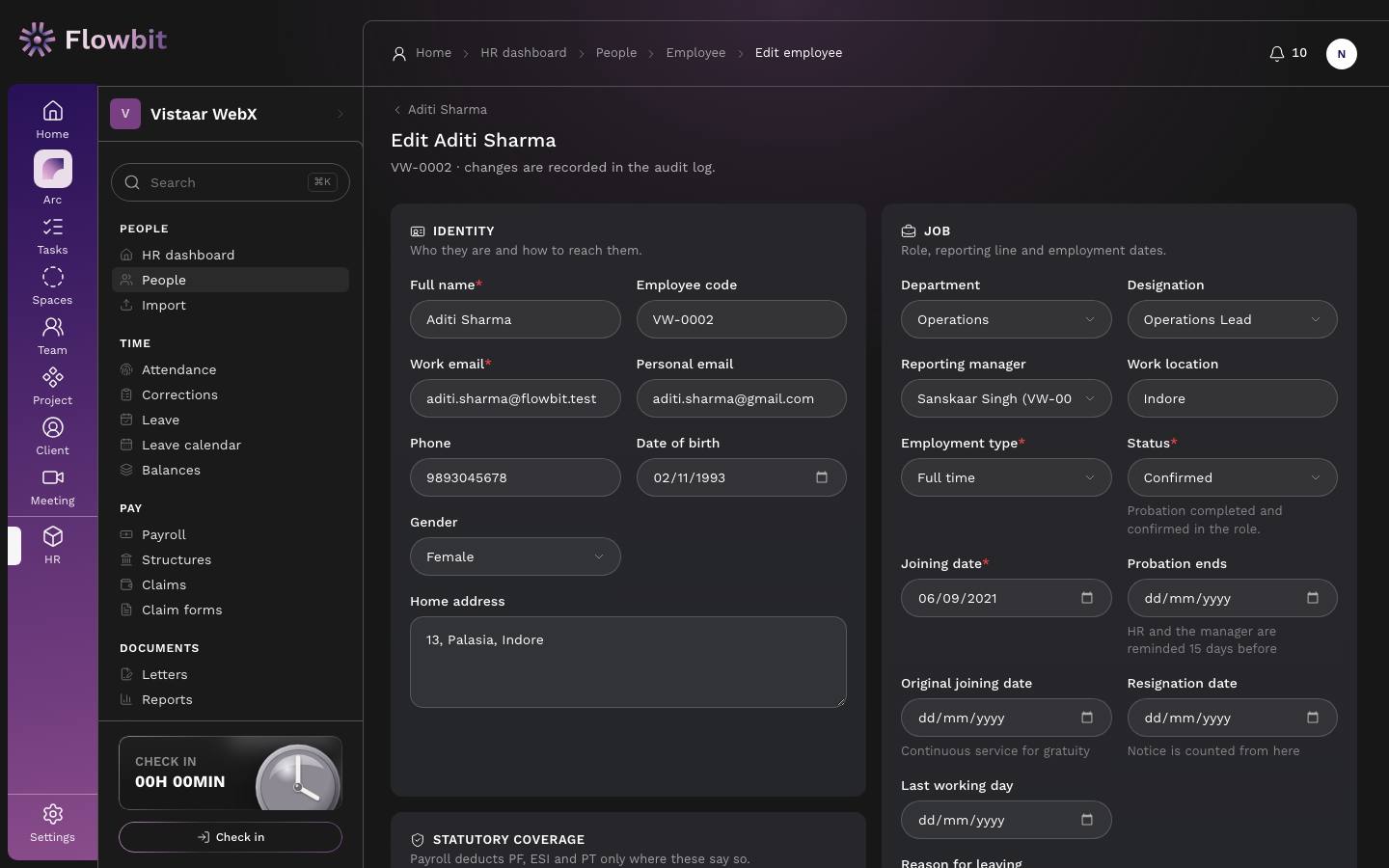 Edit Aditi Sharma form with Identity fields filled in and the Job section showing Operations, Operations Lead, reporting manager Sanskaar Singh, Full time and Confirmed