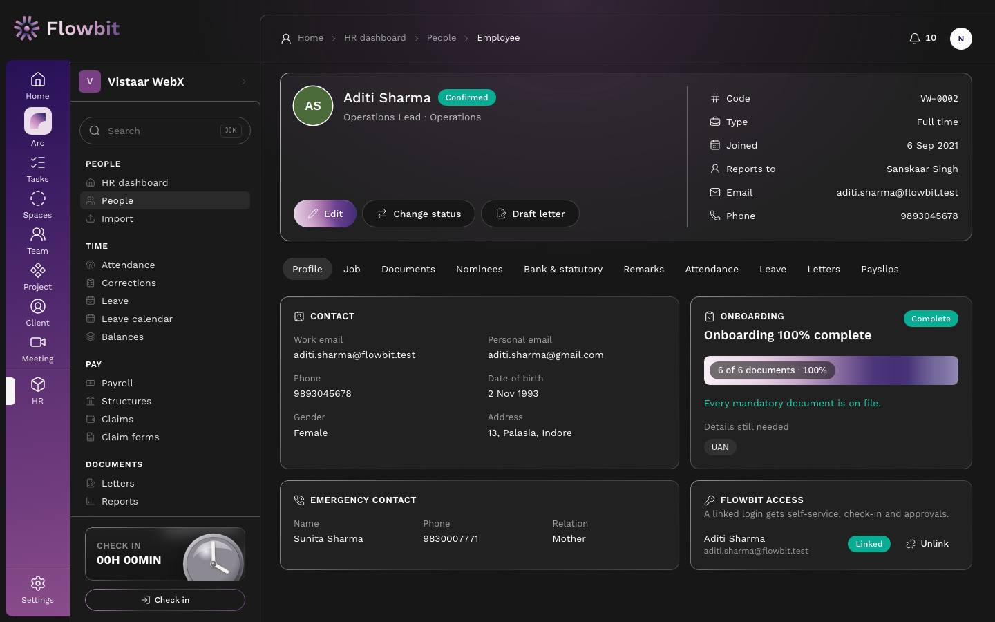 Employee profile for Aditi Sharma showing a Confirmed badge, Edit, Change status and Draft letter buttons, a summary panel, ten tabs from Profile to Payslips, and Contact, Onboarding, Emergency contact and Flowbit access cards