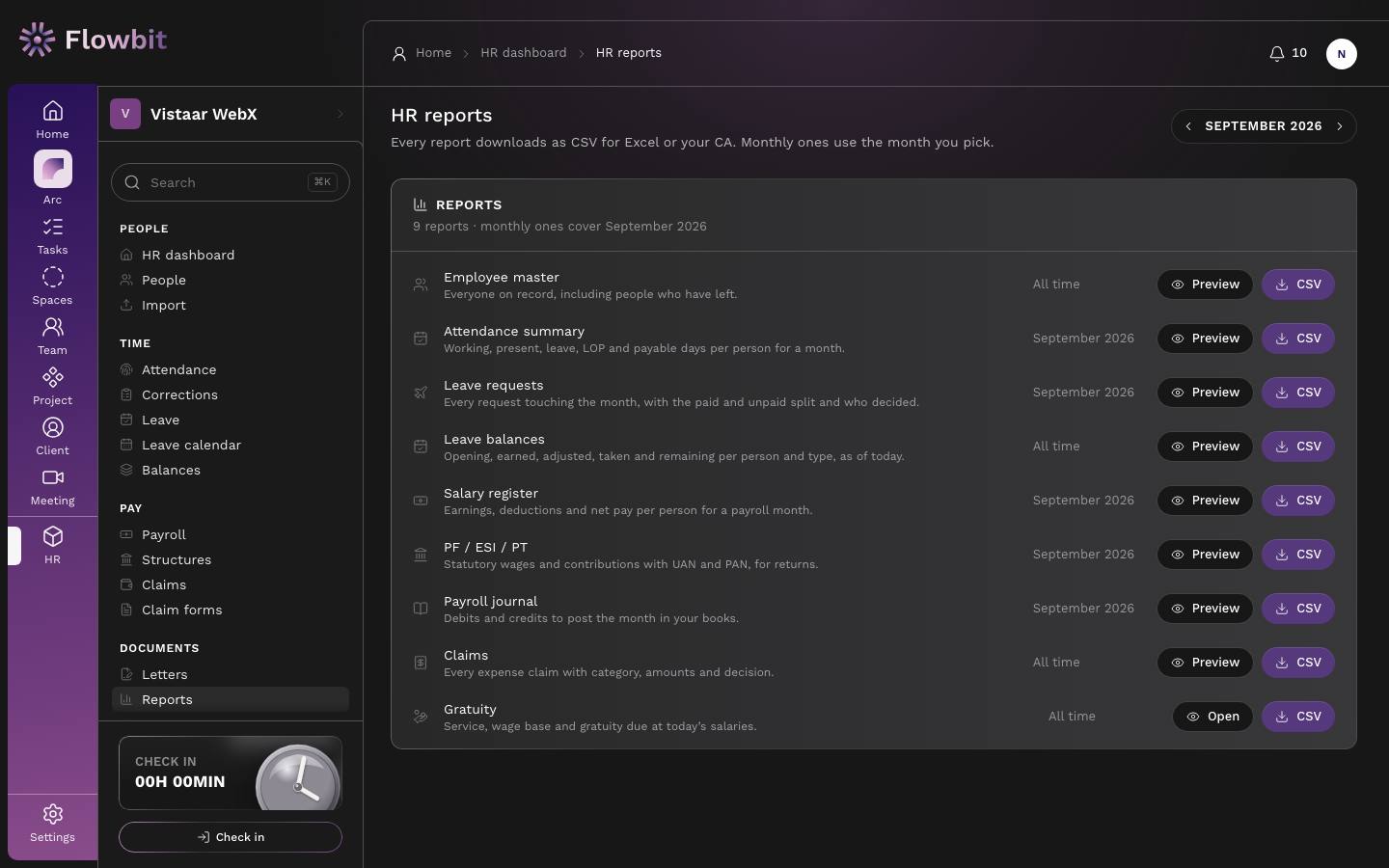 HR reports page with a September 2026 month picker and nine reports, each with Preview and CSV buttons