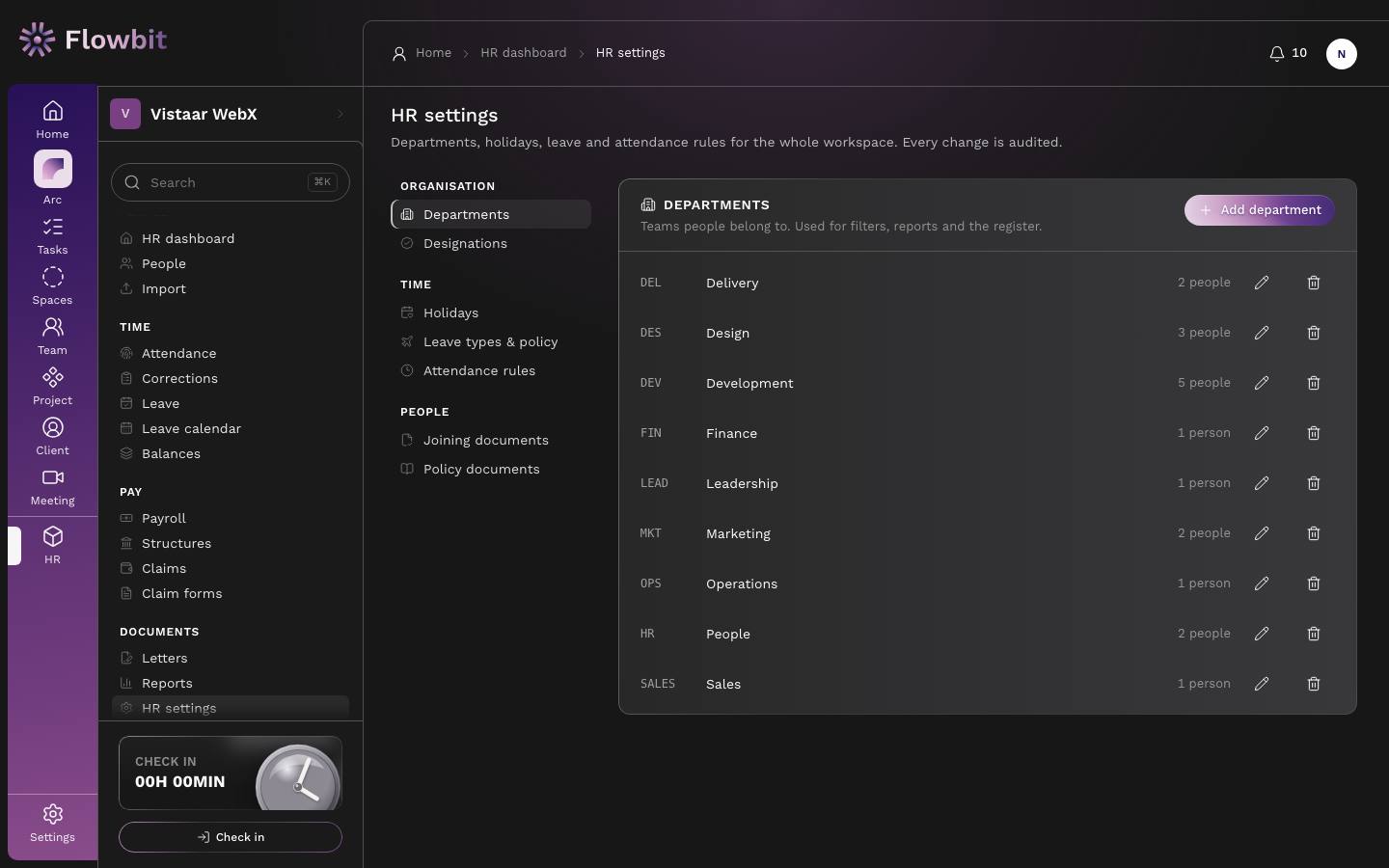HR settings page with a section list on the left and the Departments tab showing nine departments with codes, people counts, edit and delete buttons