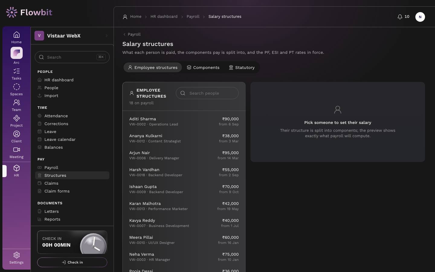Salary structures page on the Employee structures tab, listing people with their monthly gross and start date, and a panel saying Pick someone to set their salary