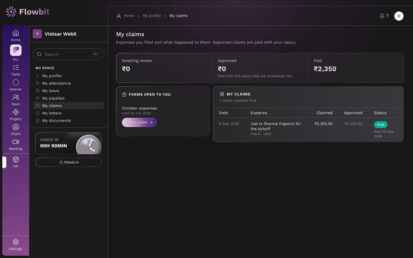 My claims page with Awaiting review, Approved and Paid totals, a Forms open to you card for October expenses with a File a claim button, and a table of past claims