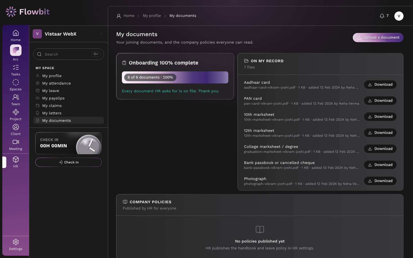 My documents page showing Onboarding 100% complete with 6 of 6 documents, the On my record list of seven files with Download buttons, and an empty Company policies section