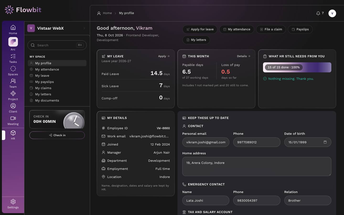 My employee record page with quick links, My leave balances, This month payable days and loss of pay, the HR checklist at 100%, My details and the Keep these up to date form