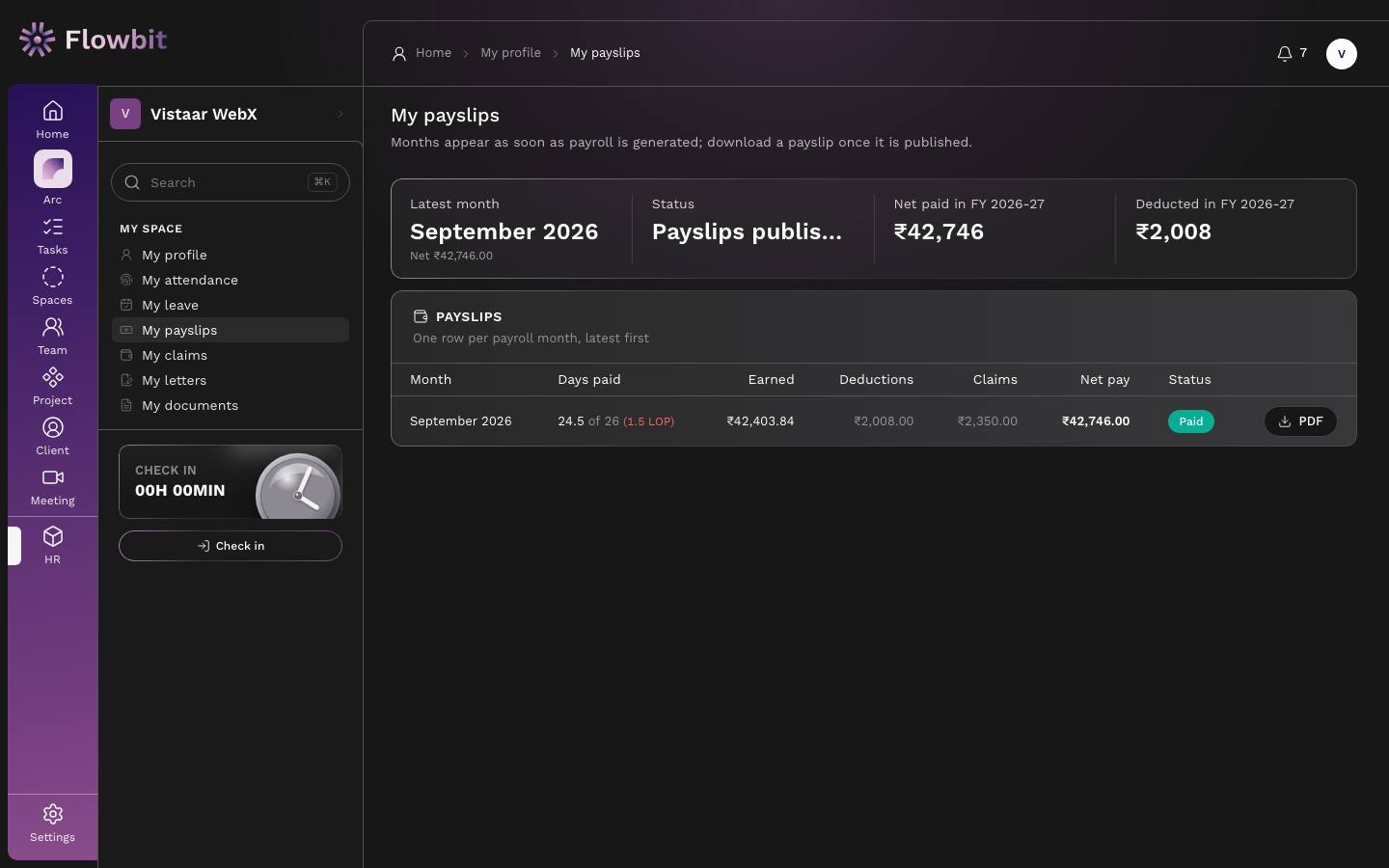 My payslips page with tiles for latest month September 2026, status Payslips published, net paid and deducted in FY 2026-27, and a table row for September with a PDF button