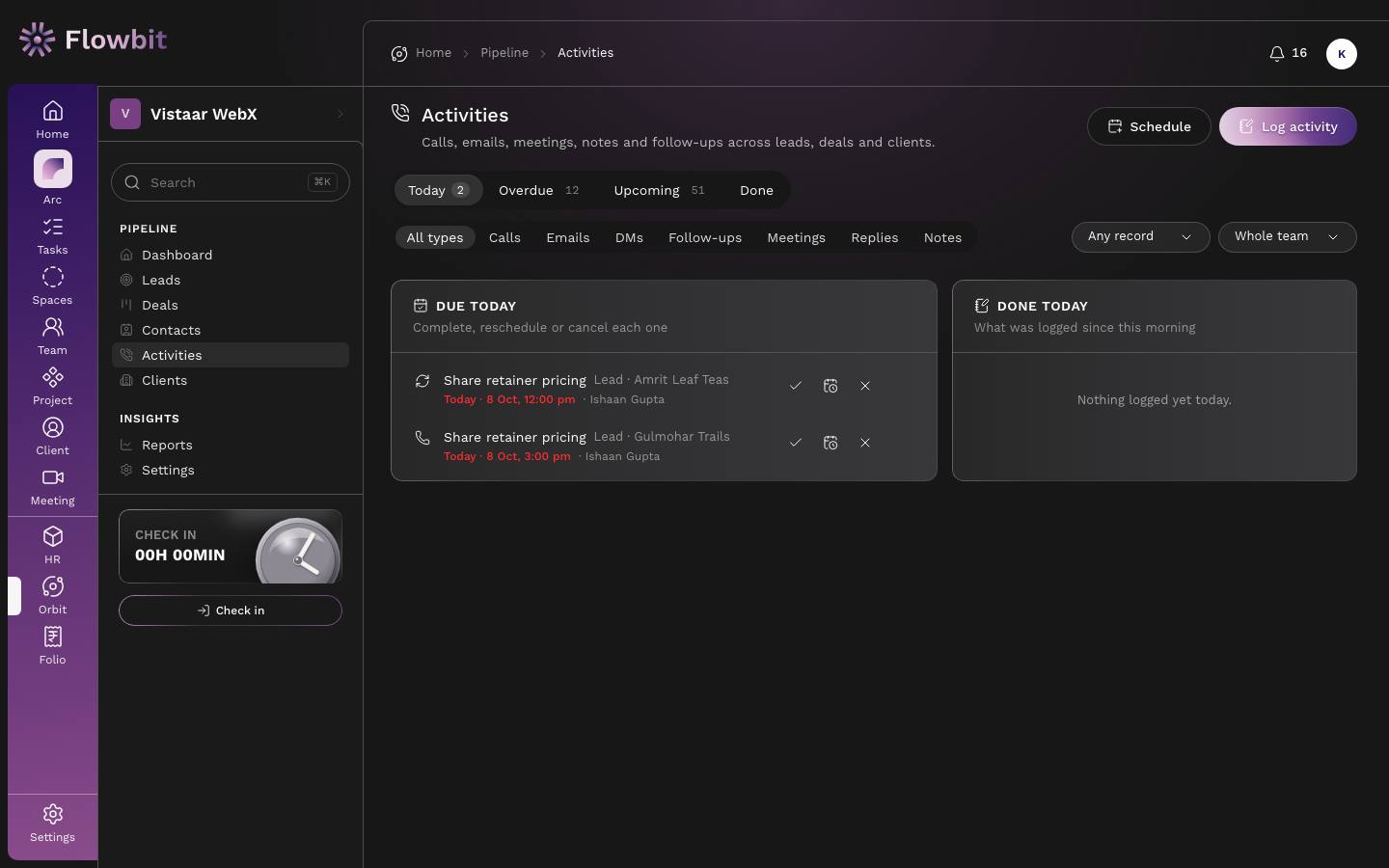 Activities page on the Today tab with Due today showing two Share retainer pricing follow-ups and an empty Done today panel