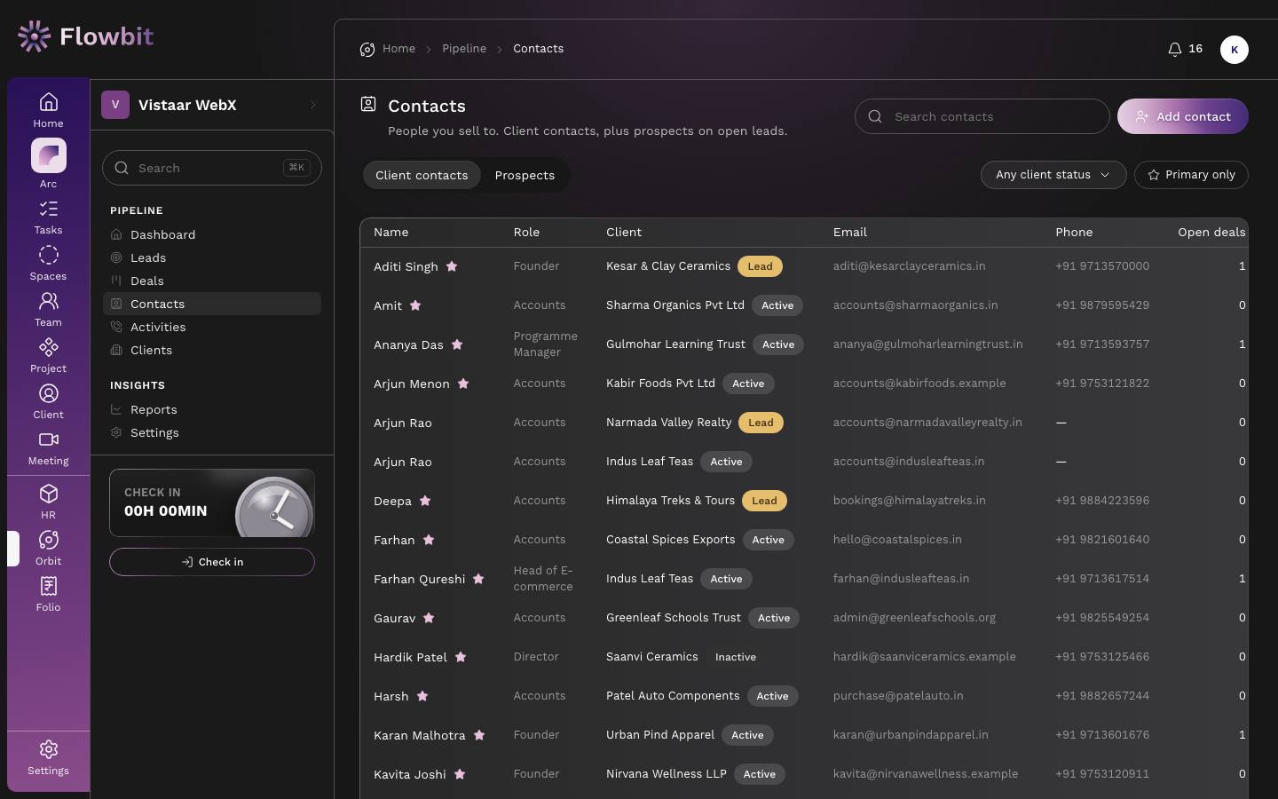 Contacts table on the Client contacts tab with name, role, client with Lead or Active status, email, phone and open deals; a star marks primary contacts