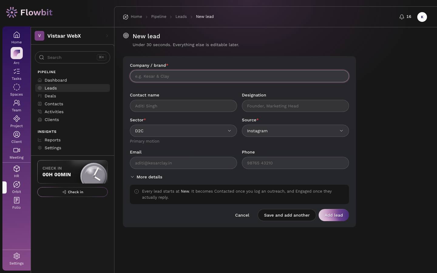 New lead form with Company / brand, Contact name, Designation, Sector, Source, Email and Phone fields, a More details link and the Add lead button