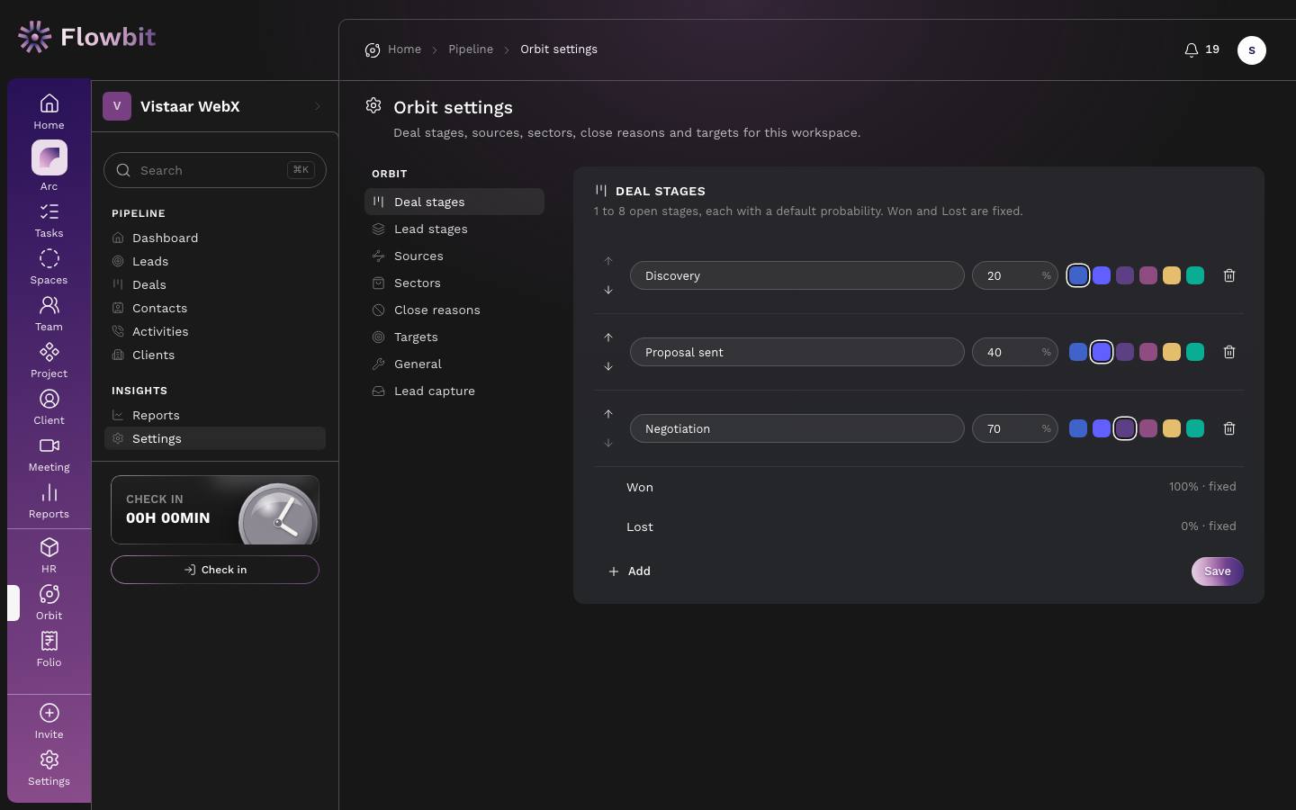 Orbit settings on the Deal stages section with Discovery 20%, Proposal sent 40% and Negotiation 70%, each with a colour, and Won 100% and Lost 0% fixed