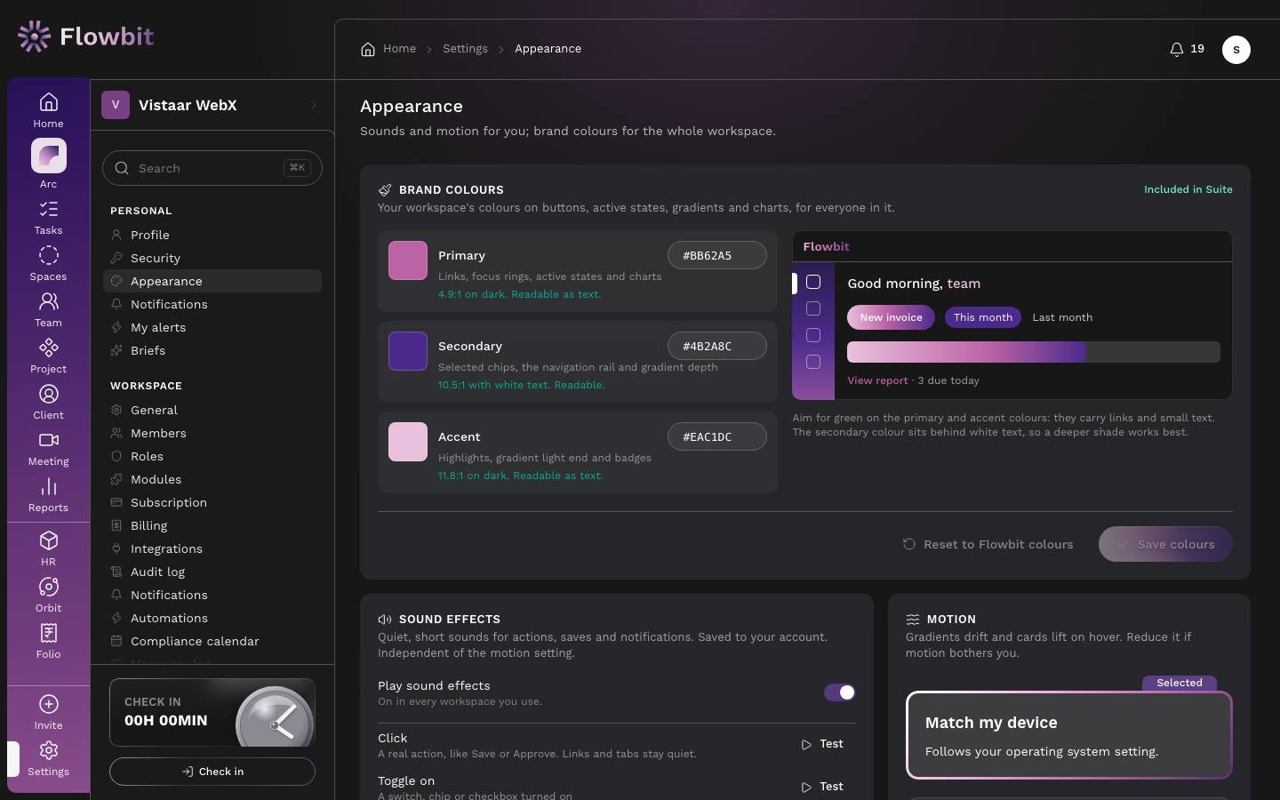 Appearance page with Brand colours pickers for primary, secondary and accent, a live preview card, a Sound effects list with Test buttons, and Motion options