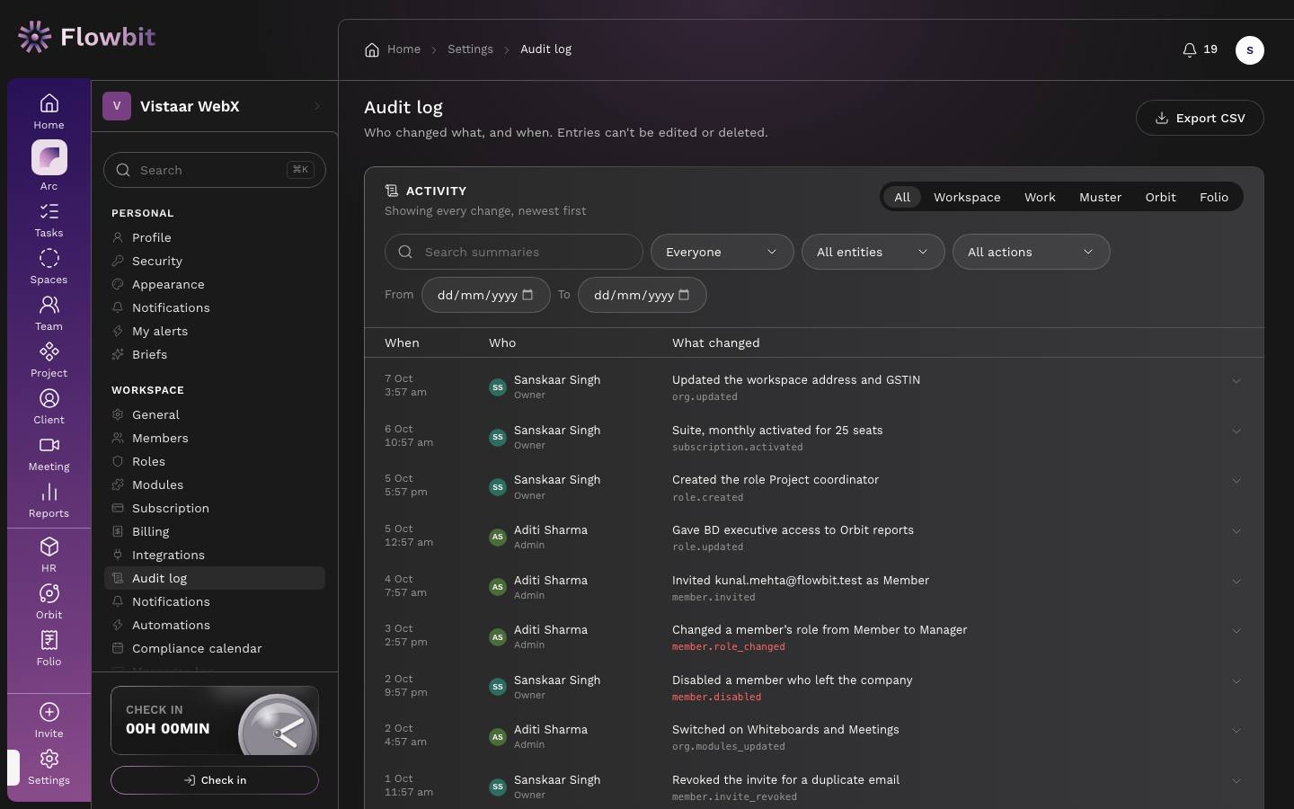 Audit log with an Export CSV button, product filters (All, Workspace, Work, Muster, Orbit, Folio), search and filter fields, and a list of entries with time, person, role, summary and action code