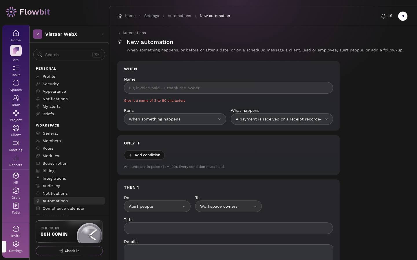 New automation form with When, Only if, Then 1 and Timing and safety sections, and a Save automation button