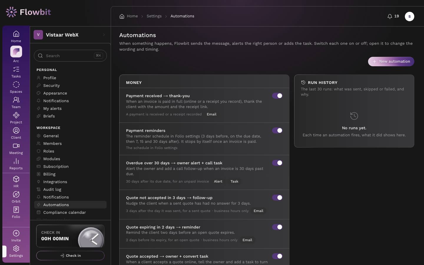 Automations page listing ready-made rules in Money, Team, Sales, People and Business compliance groups, each with an on or off switch, and a New automation button