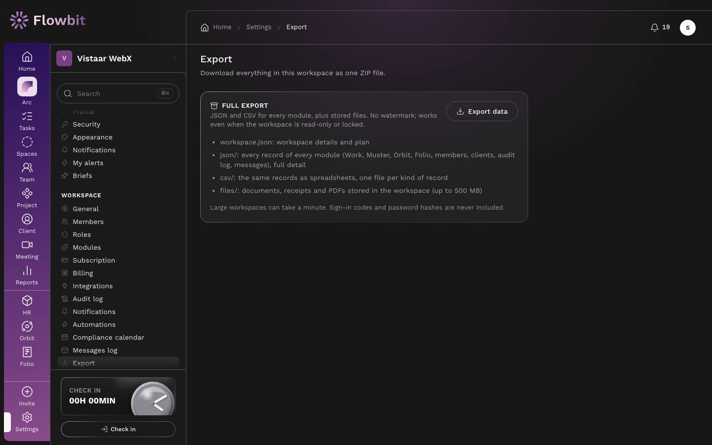 Export page with a Full export card, an Export data button and a list of what the ZIP contains