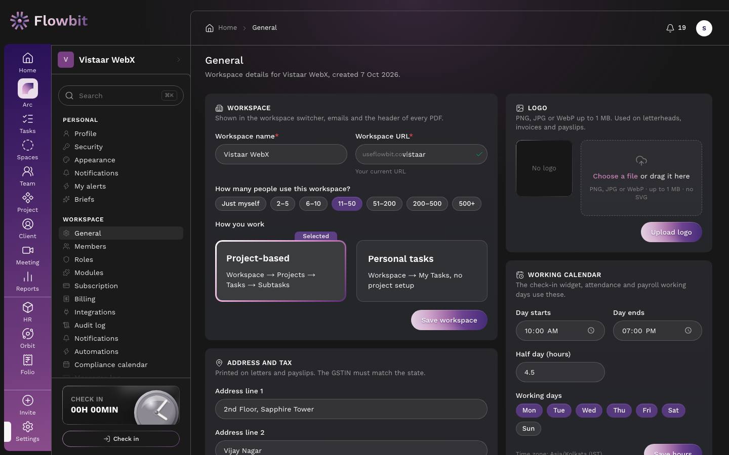 General settings page with Workspace, Address and tax, Logo and Working calendar cards, and the Settings side panel listing Personal and Workspace pages