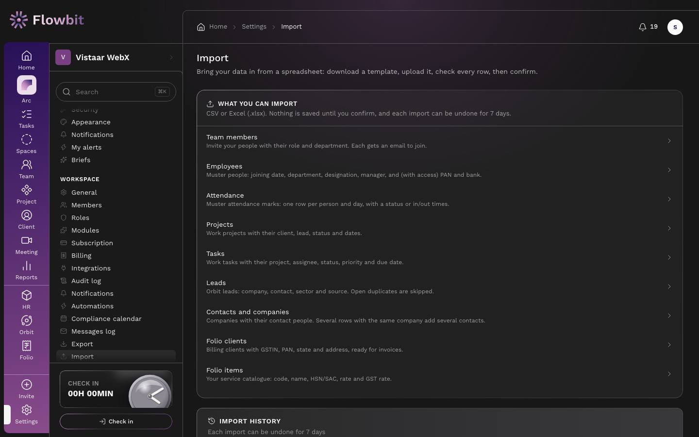 Import page listing what you can import: Team members, Employees, Attendance, Projects, Tasks, Leads, Contacts and companies, Folio clients and Folio items, with an empty Import history below