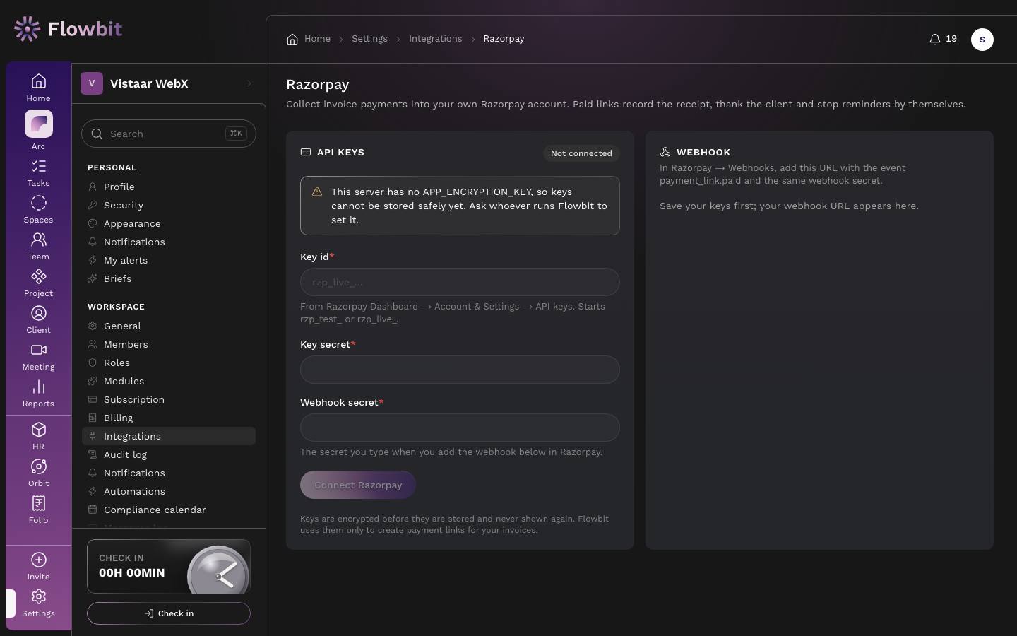 Razorpay integration page with Key id, Key secret and Webhook secret fields, a Connect Razorpay button and a Webhook section