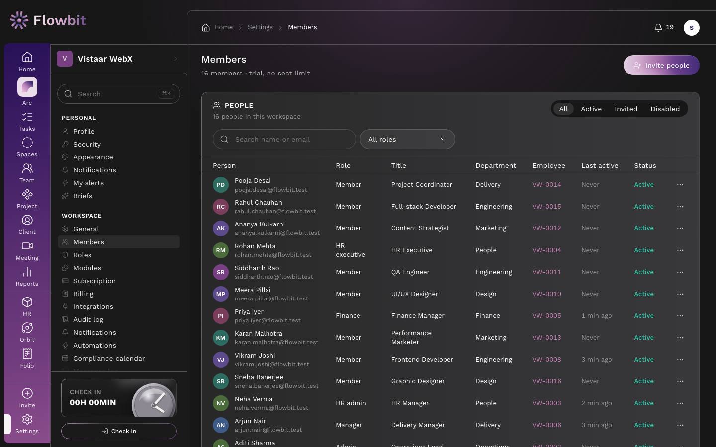 Members page with an Invite people button, All, Active, Invited and Disabled filters, a search box, a role filter and a table of people with role, title, department, employee code, last active and status