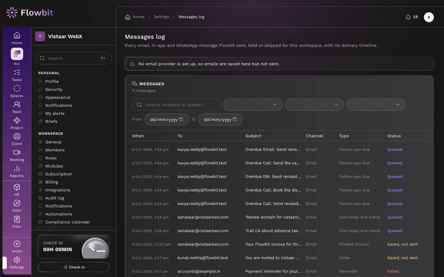 Messages log with a warning that no email provider is set up, a search box, Channel, Status and Type filters, date fields and a list of messages with time, recipient, subject, channel, type and status