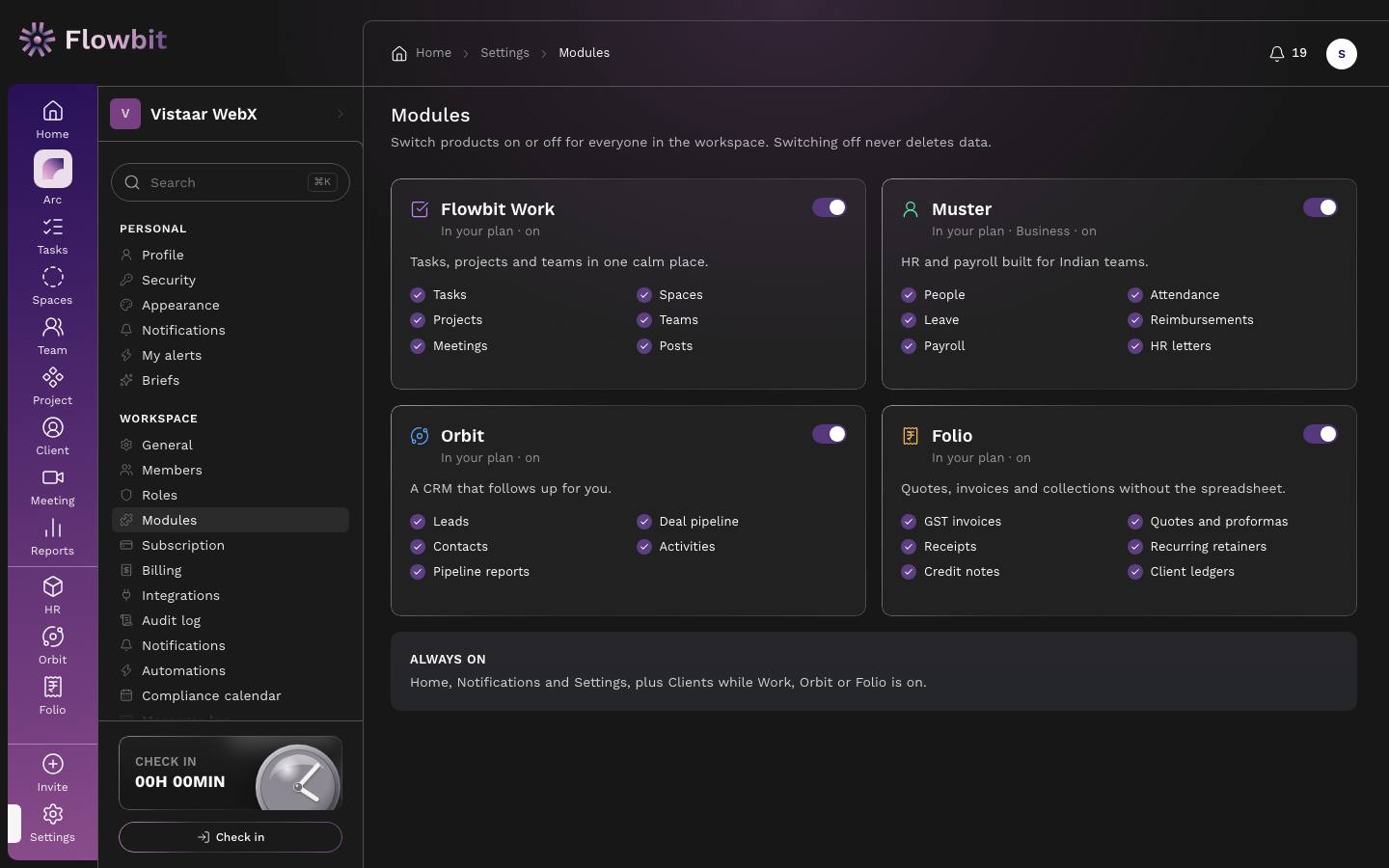 Modules page with four cards, Flowbit Work, Muster, Orbit and Folio, each with an on or off switch, a plan status line and a list of what it includes
