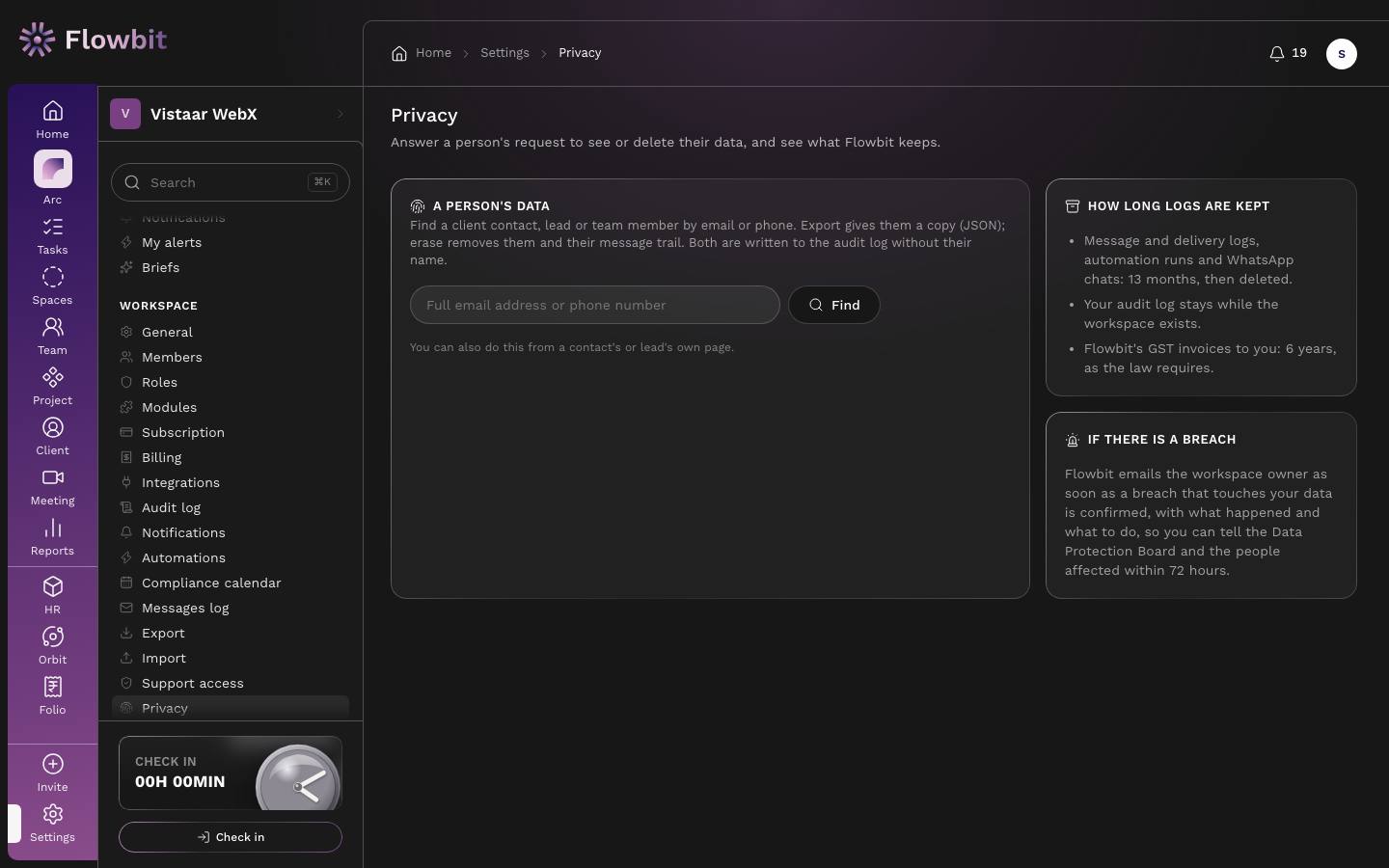 Privacy page with a search box to find a person's data by email or phone, a list of how long logs are kept, and a note on what happens if there is a breach