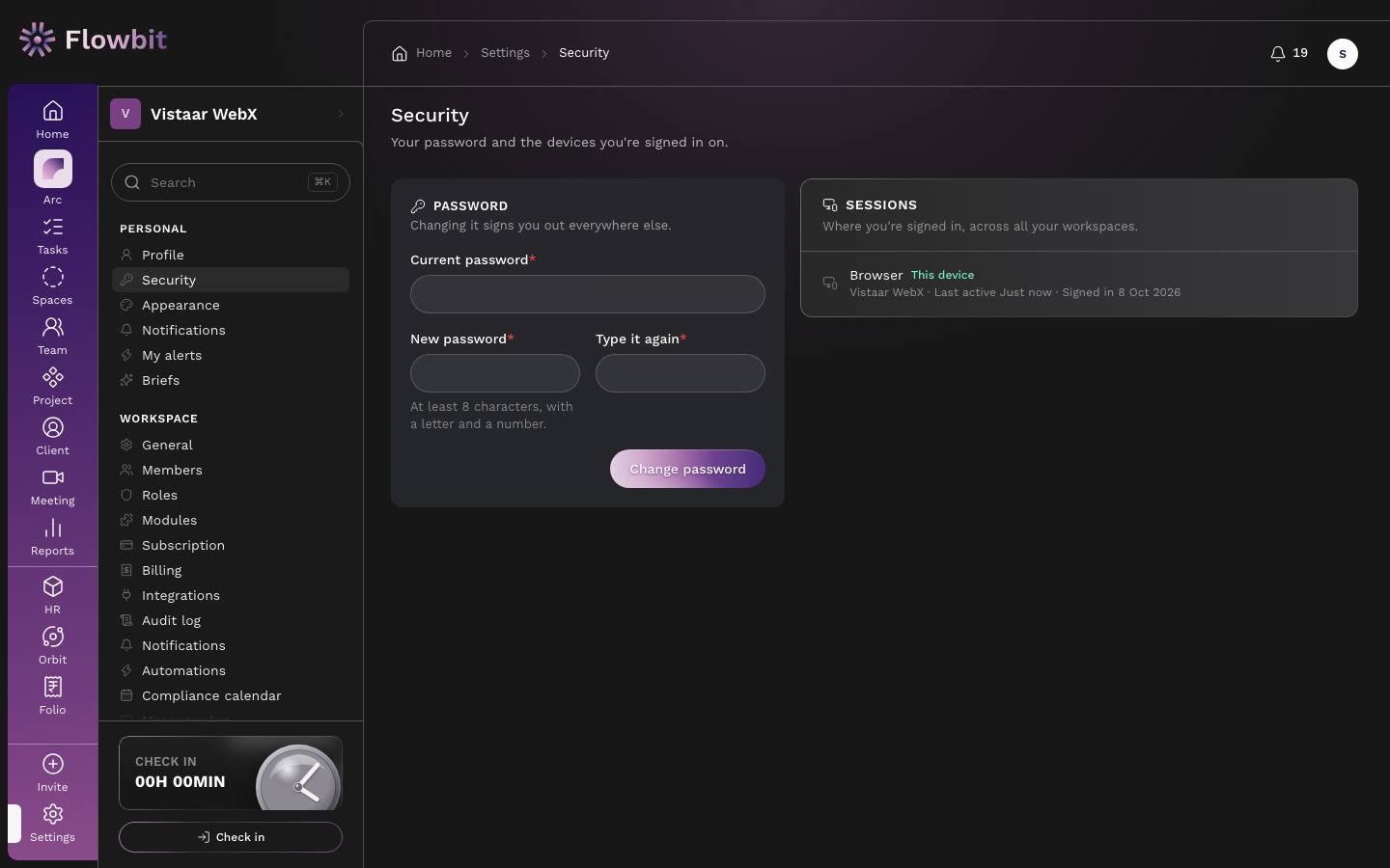 Security page with a Password card (current password, new password, type it again) and a Sessions list showing this browser