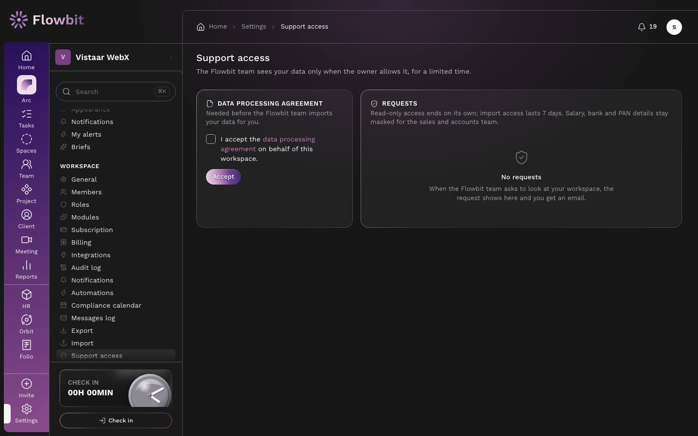 Support access page with a Data processing agreement checkbox and Accept button, and an empty Requests list