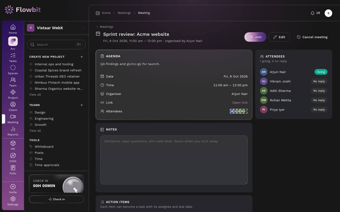 Sprint review meeting page with Join, Edit and Cancel meeting buttons, the agenda and details, attendees with Going and No reply, a notes box and action items