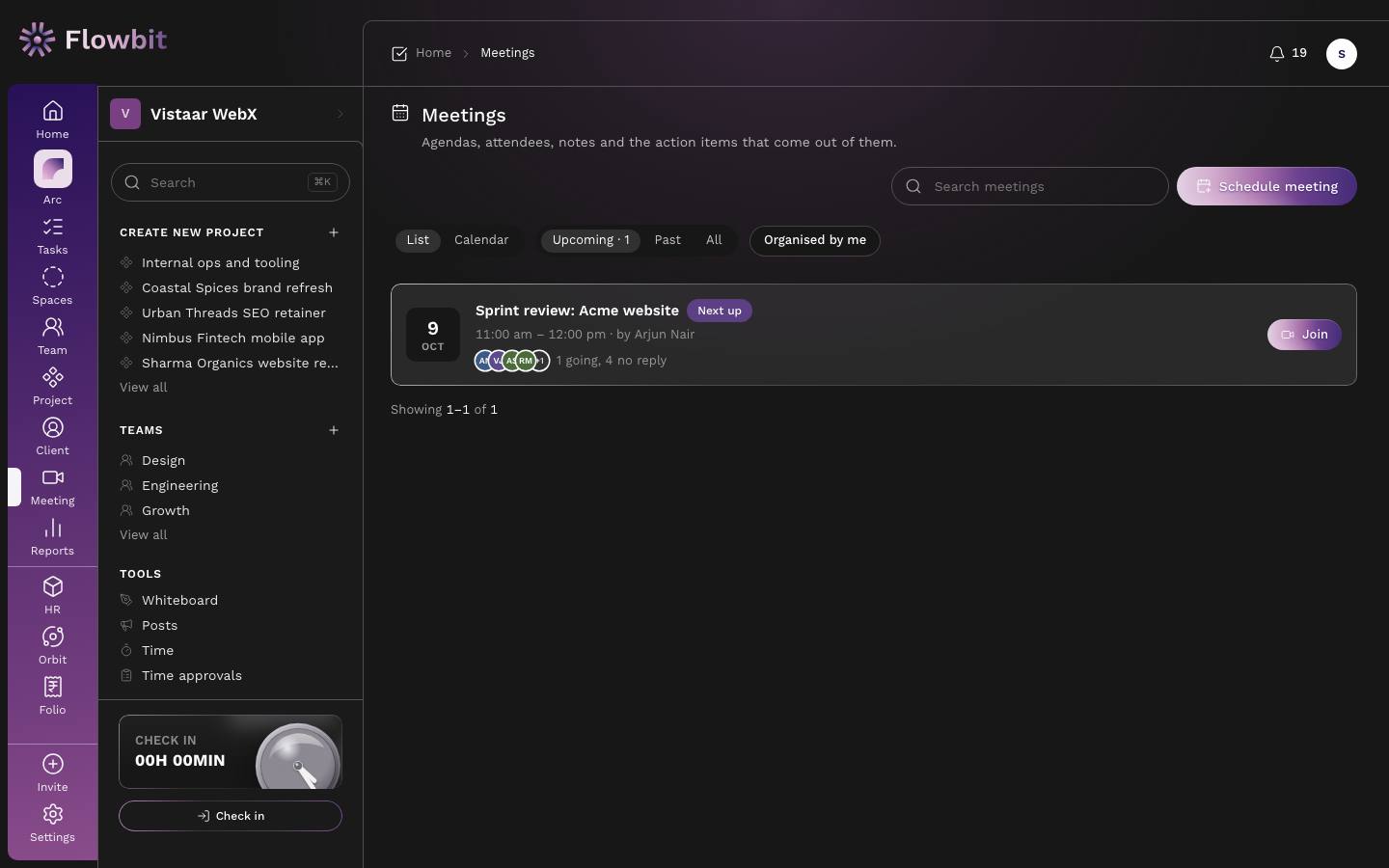 Meetings page with List and Calendar views, Upcoming, Past and All filters, Organised by me, and a Sprint review meeting marked Next up with a Join button