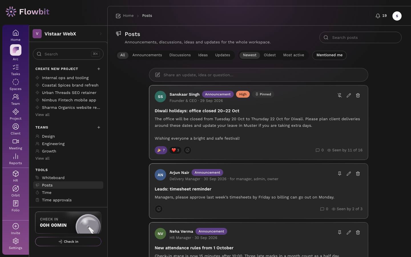 Posts feed with filter tabs, sort options, Mentioned me filter, a composer box and announcement posts showing Pinned, High priority and Seen by counts