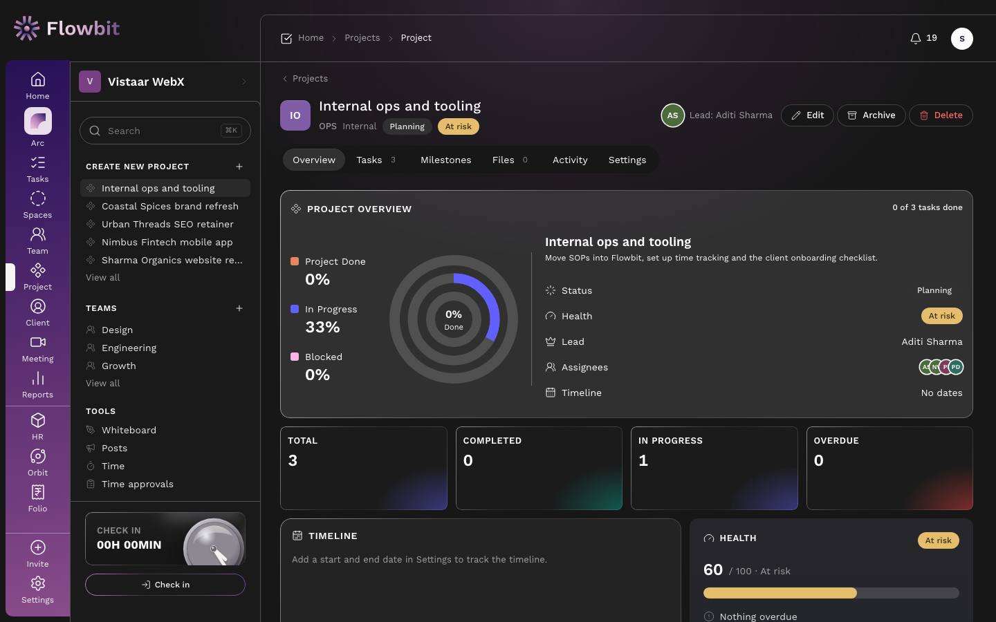 Project Internal ops and tooling with Overview, Tasks, Milestones, Files, Activity and Settings tabs, stat cards for Total, Completed, In progress and Overdue, and a health score of 60 out of 100