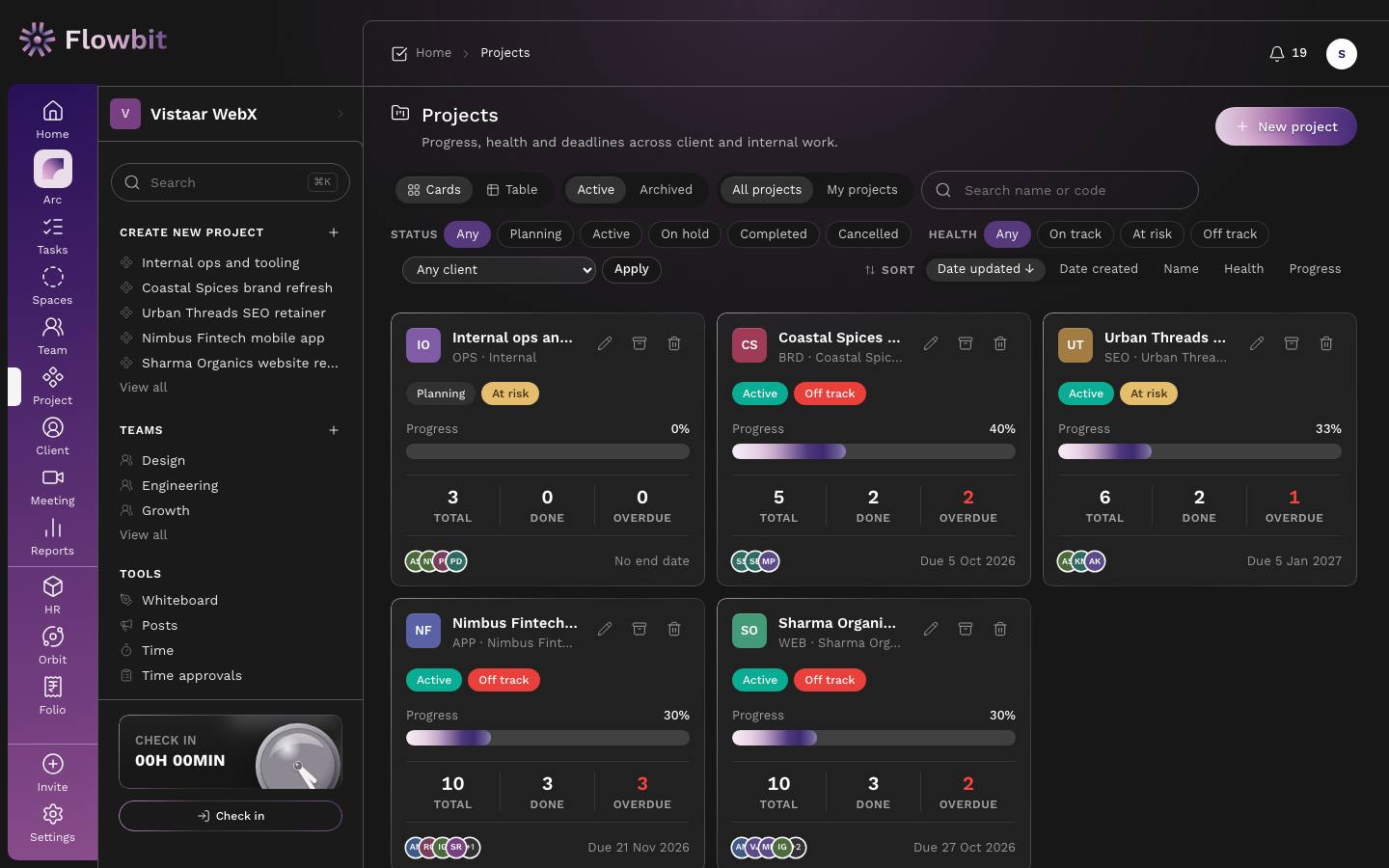 Projects page in Cards view with status and health filters, sort options and project cards showing status, health, progress, totals and due date